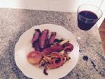 Sirloin steak, roasted vegetables and a glass of red wine! Delicious!